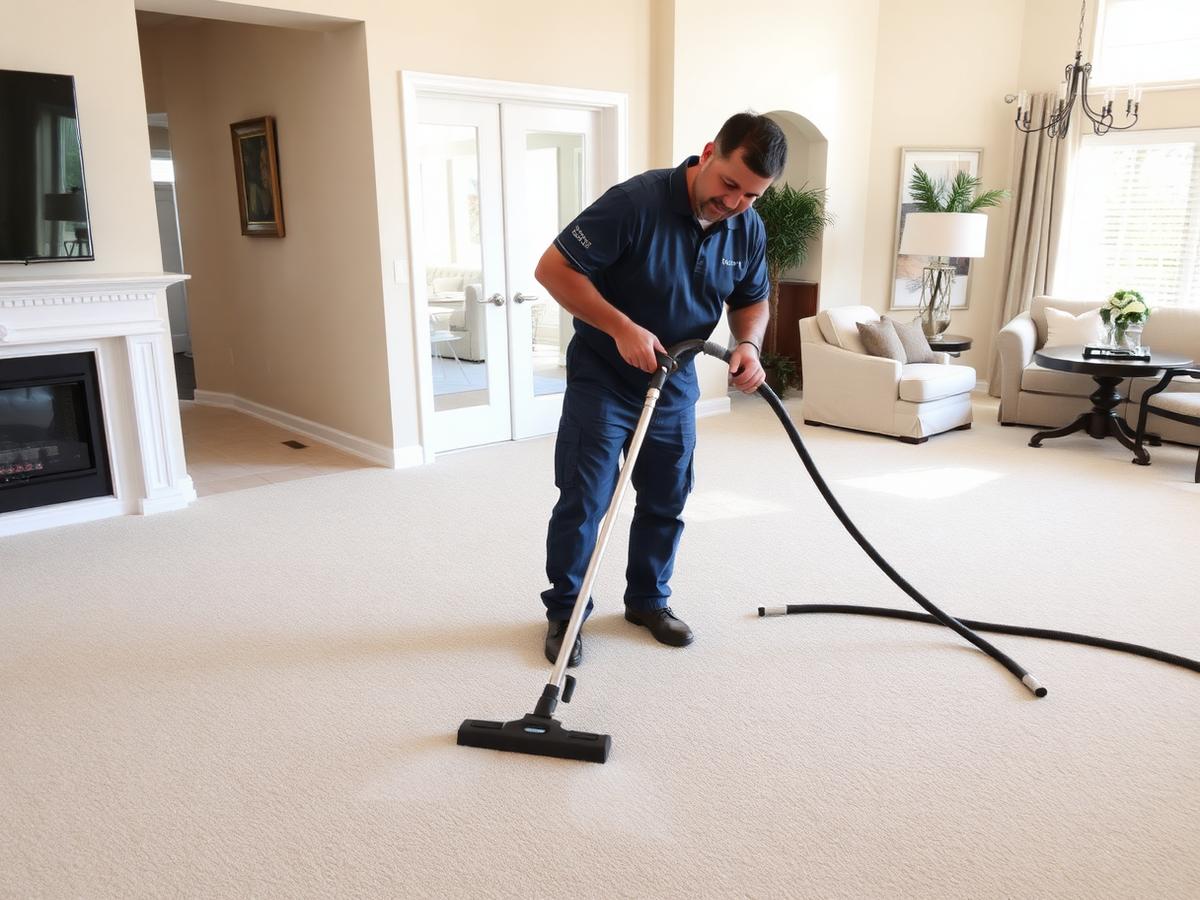 Technician steam cleaning a beige carpet in a living room